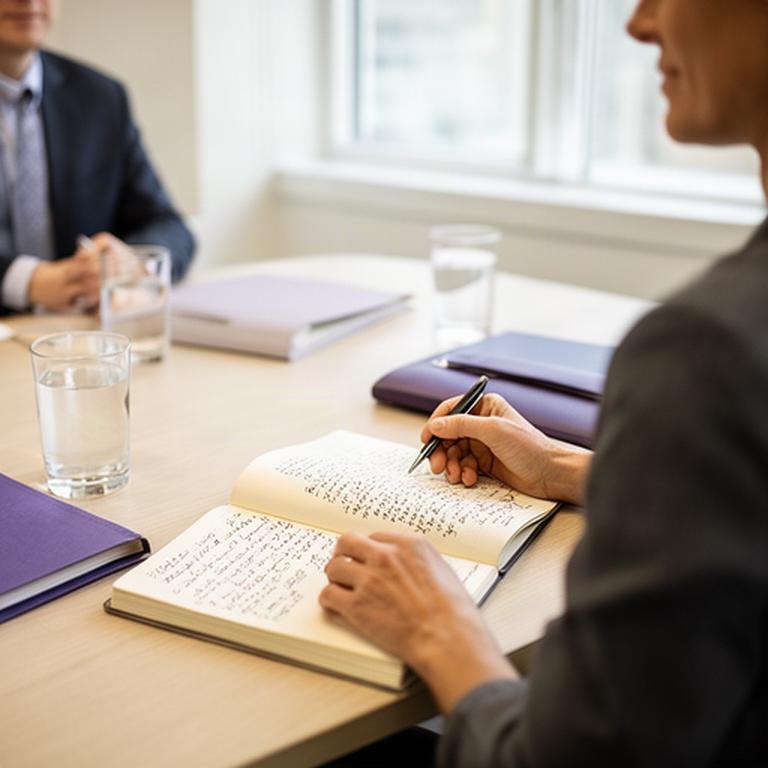Persona tomando notas durante una consulta jurídica en una sala de reuniones luminosa