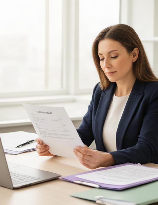 Abogada analizando un contrato civil en una oficina luminosa