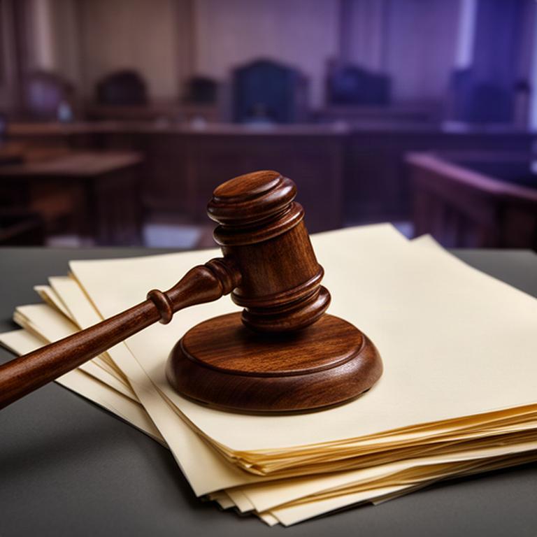 Martillo judicial sobre documentos legales en una sala de vistas